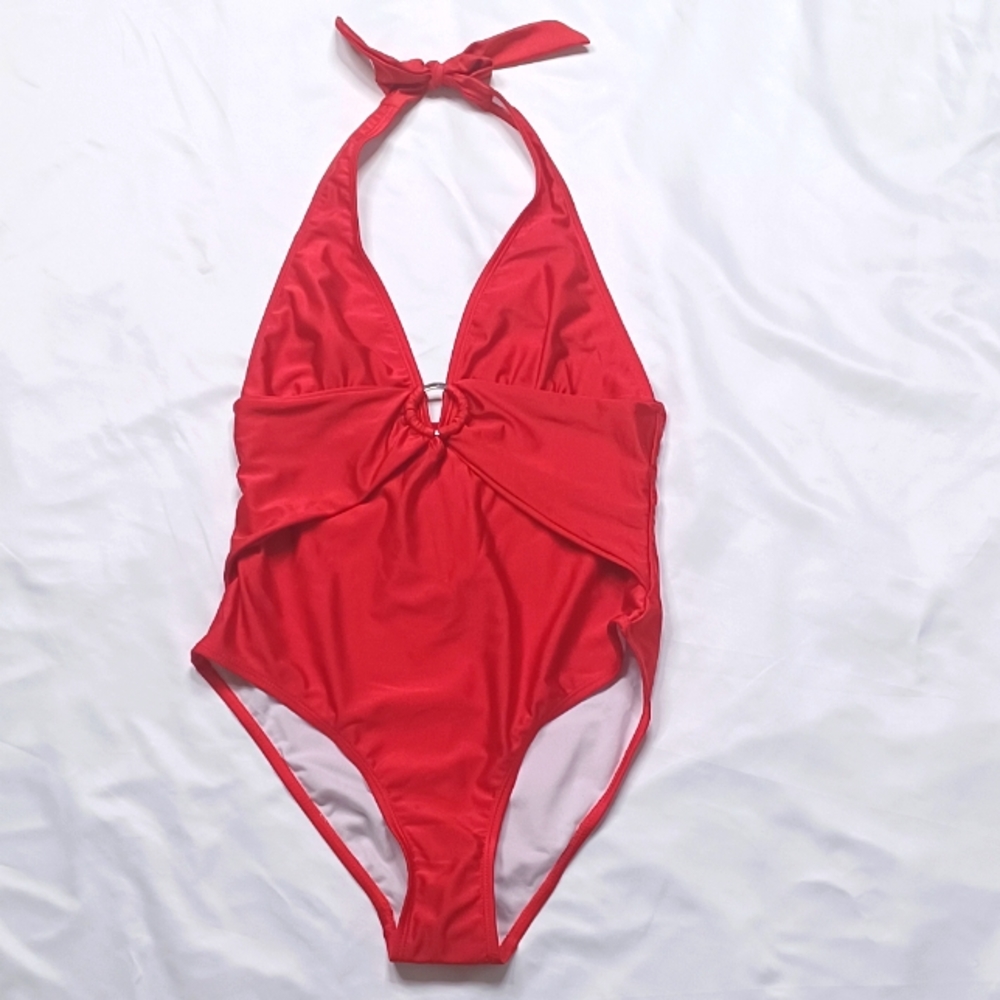 SHEKINI Women's Size Small Red O-Ring Halter One Piece Swimsuit NWT
